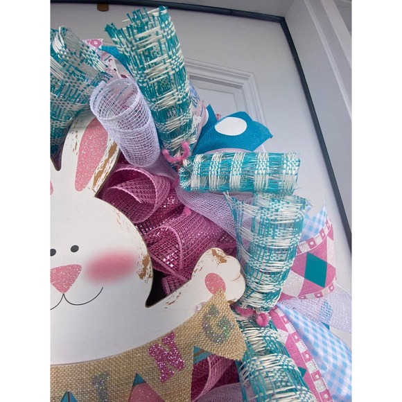 Pink Blue & White Easter Bunny Rabbit Spring Deco Mesh & Ribbon Wreath xxx - Picture 4 of 9